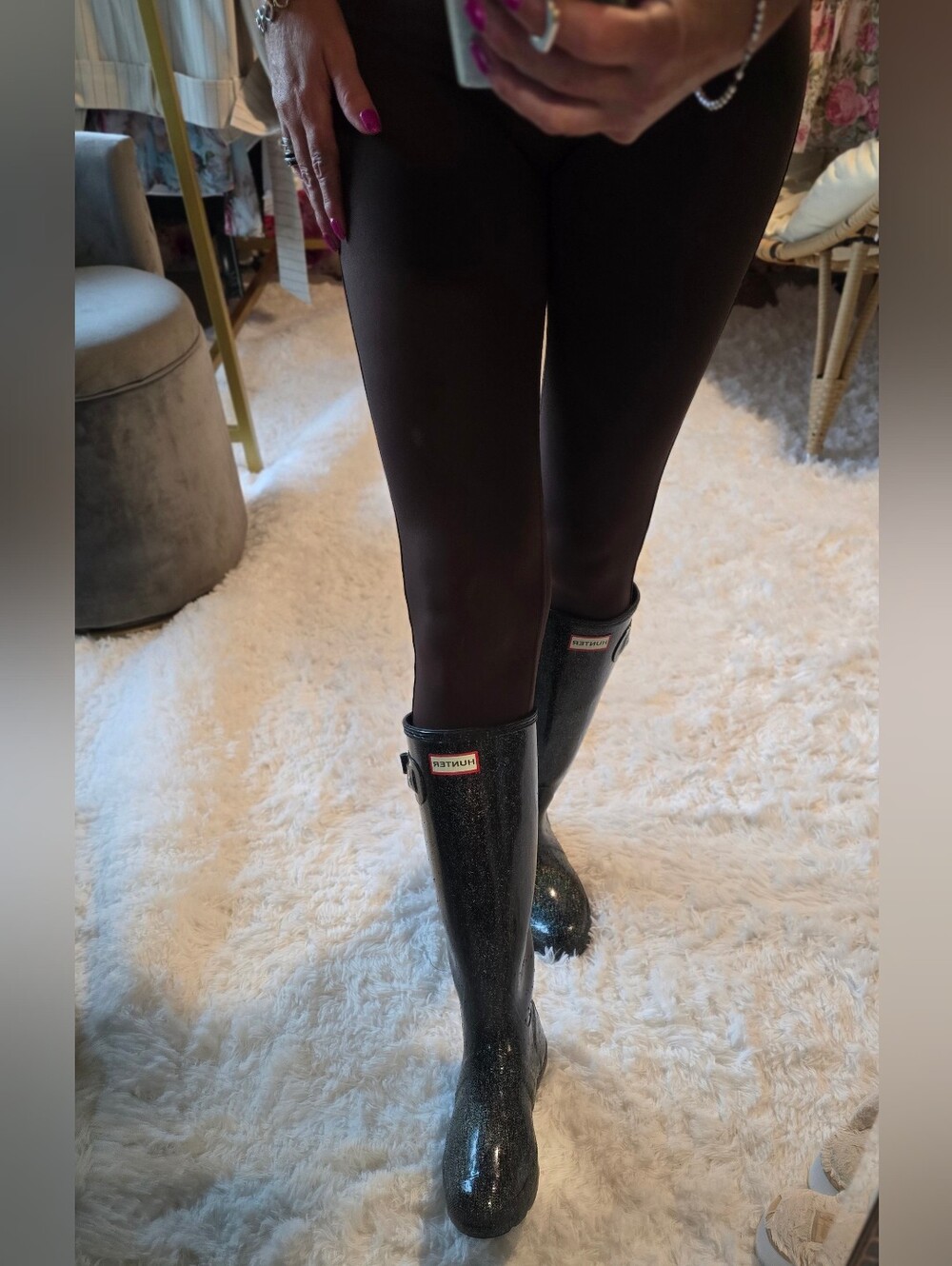 Hunter Black Glitter Tall Rain Boots US Size 7 - Like NEW!